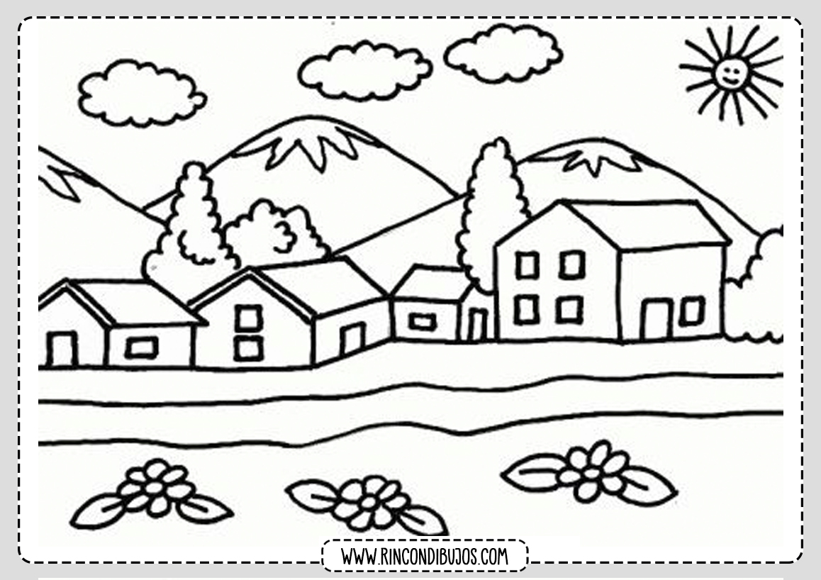 Dibujo Paisaje Casitas Para colorear