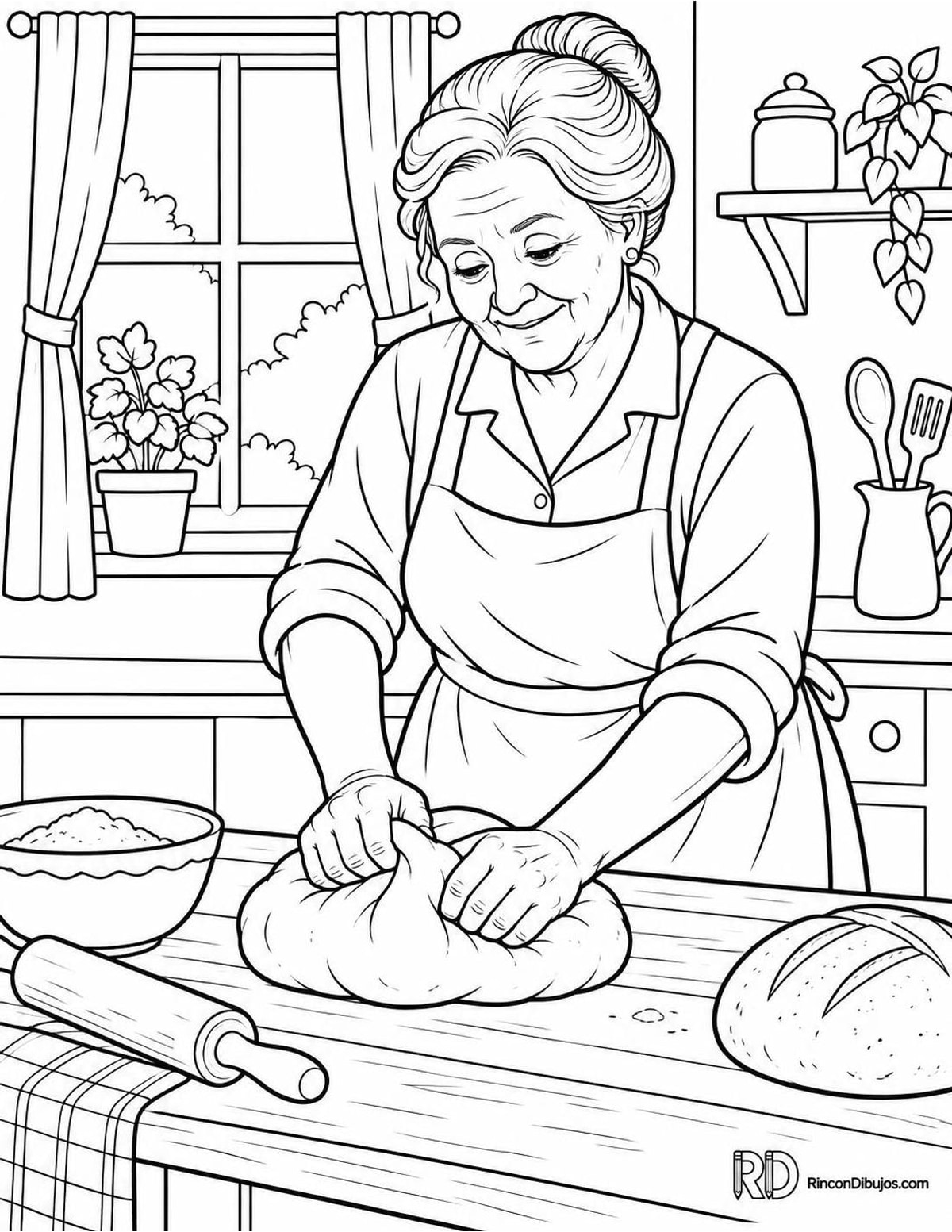 Dibujo de abuela amasando pan para colorear