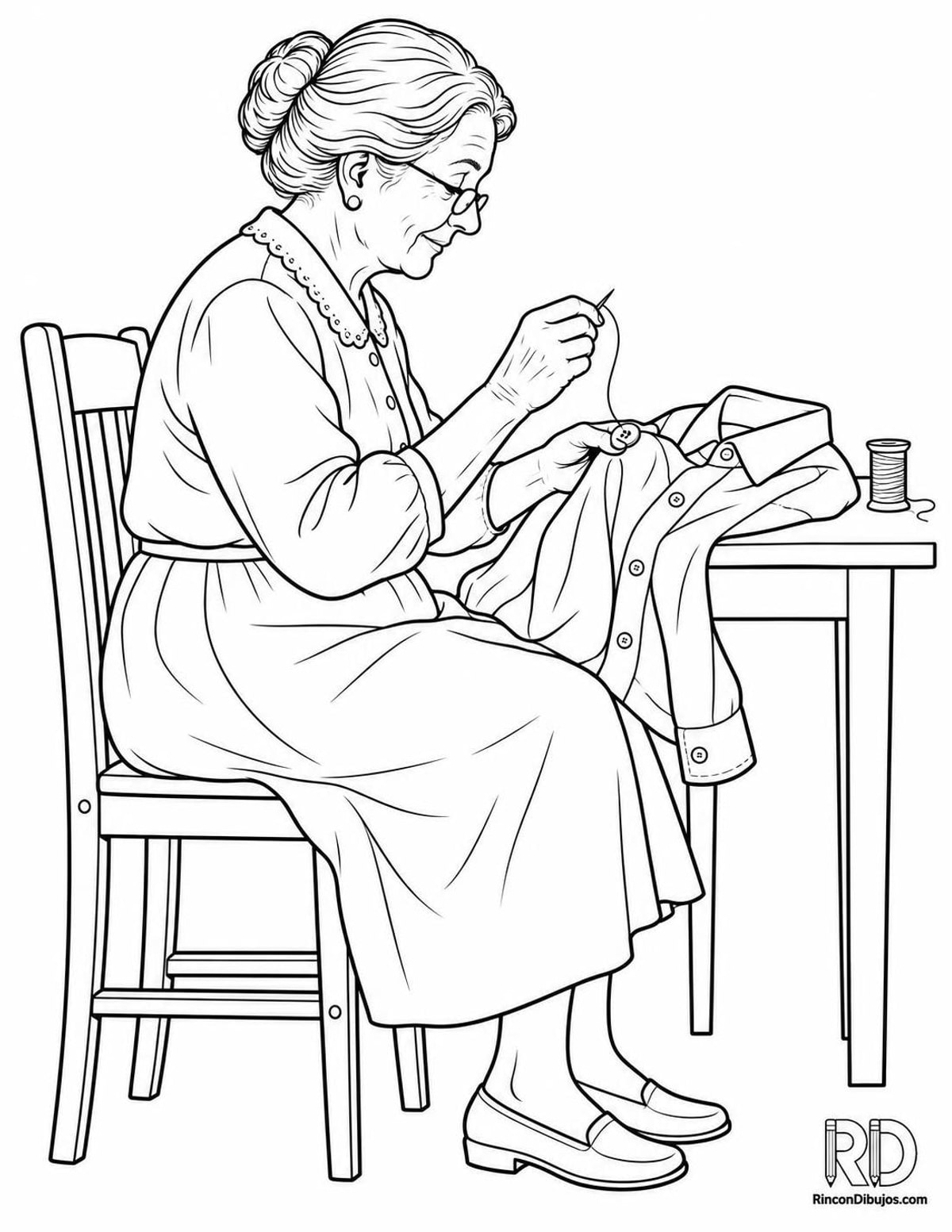 Dibujo de abuela cosiendo para colorear