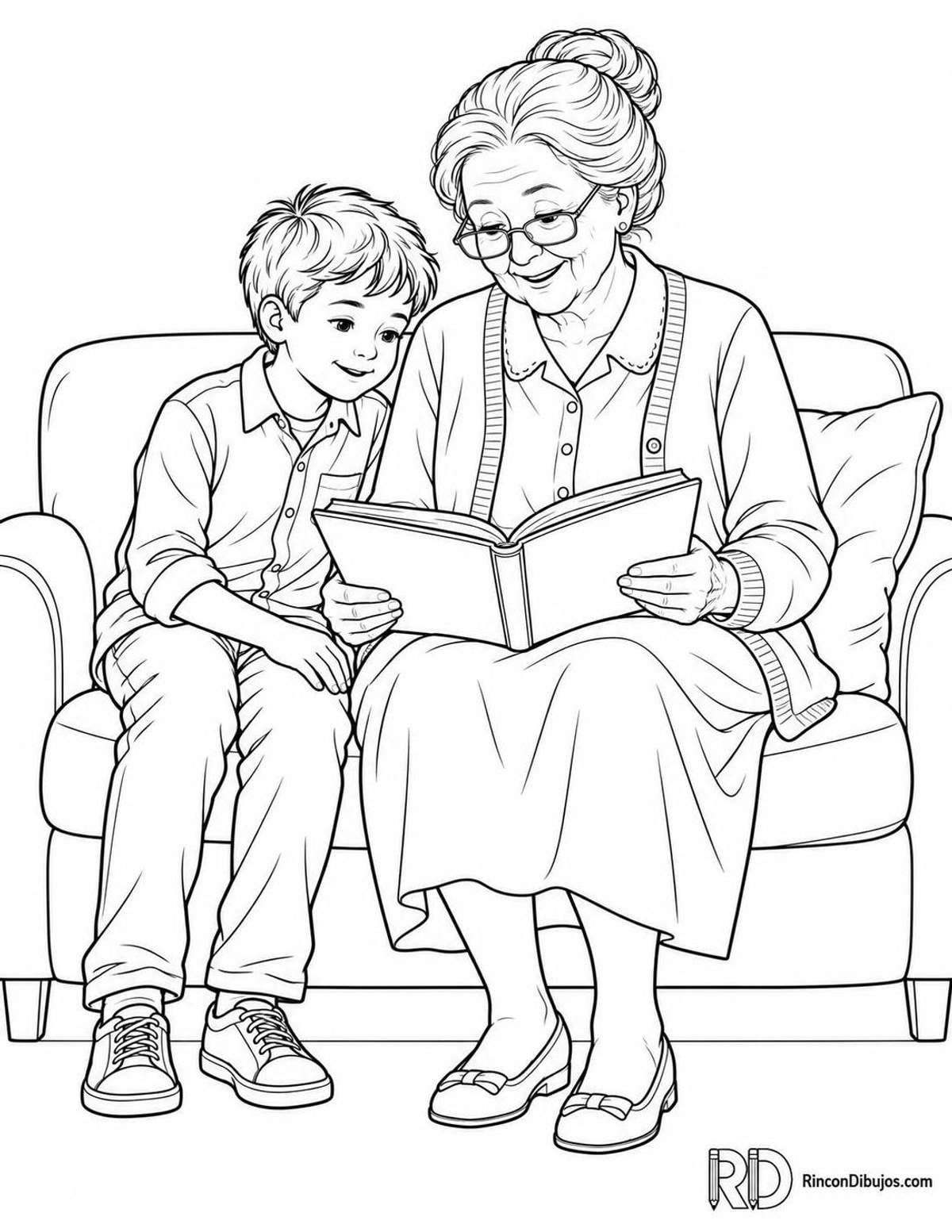 Dibujo de abuela leyendo cuentos para colorear