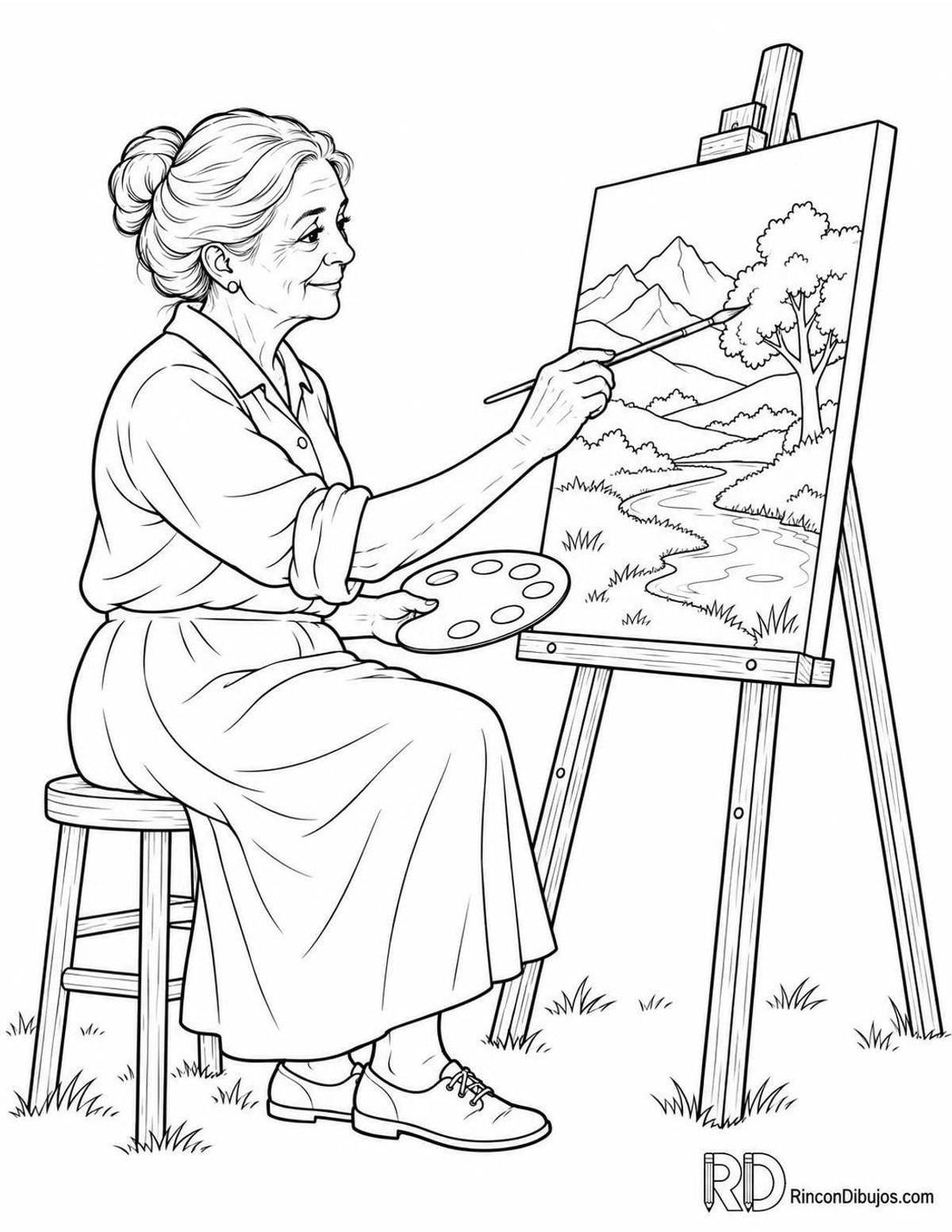 Dibujo de abuela pintando para colorear