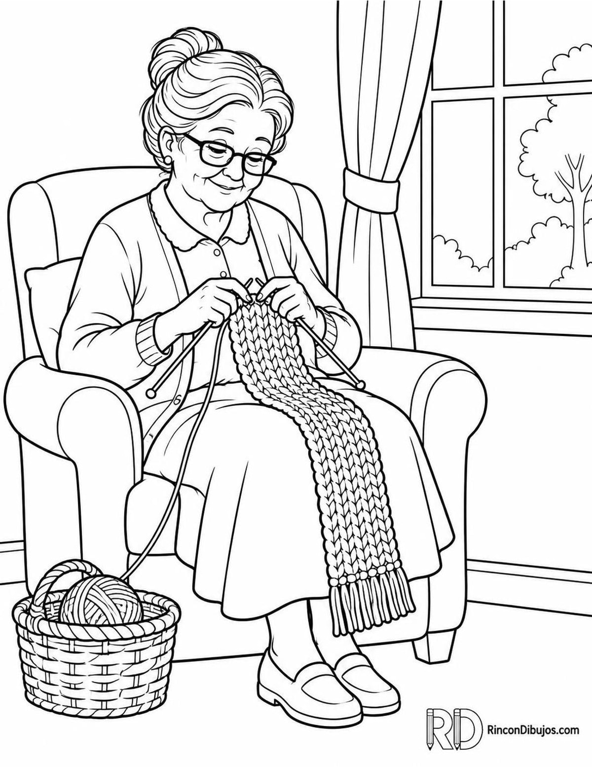 Dibujo de abuela tejiendo para colorear