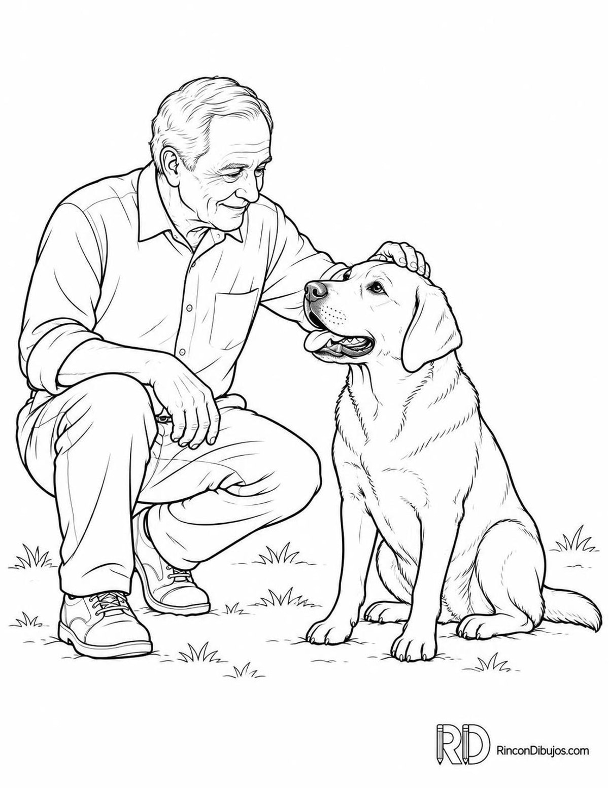 Dibujo de abuelo acariciando un perro para colorear