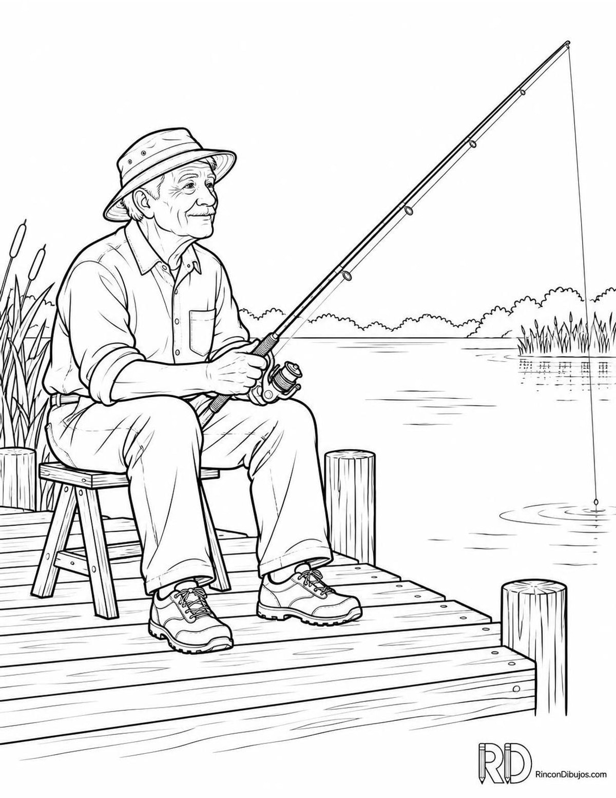 Dibujo de abuelo pescando para colorear