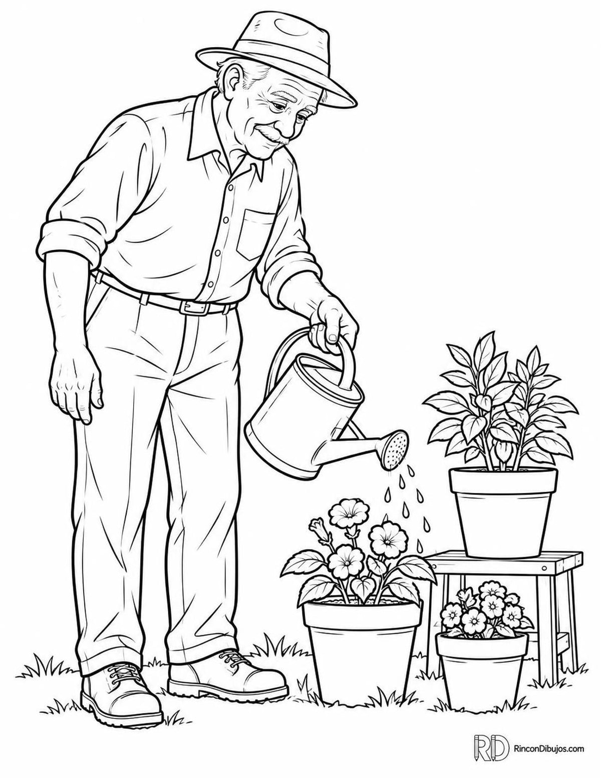 Dibujo de abuelo regando plantas para colorear