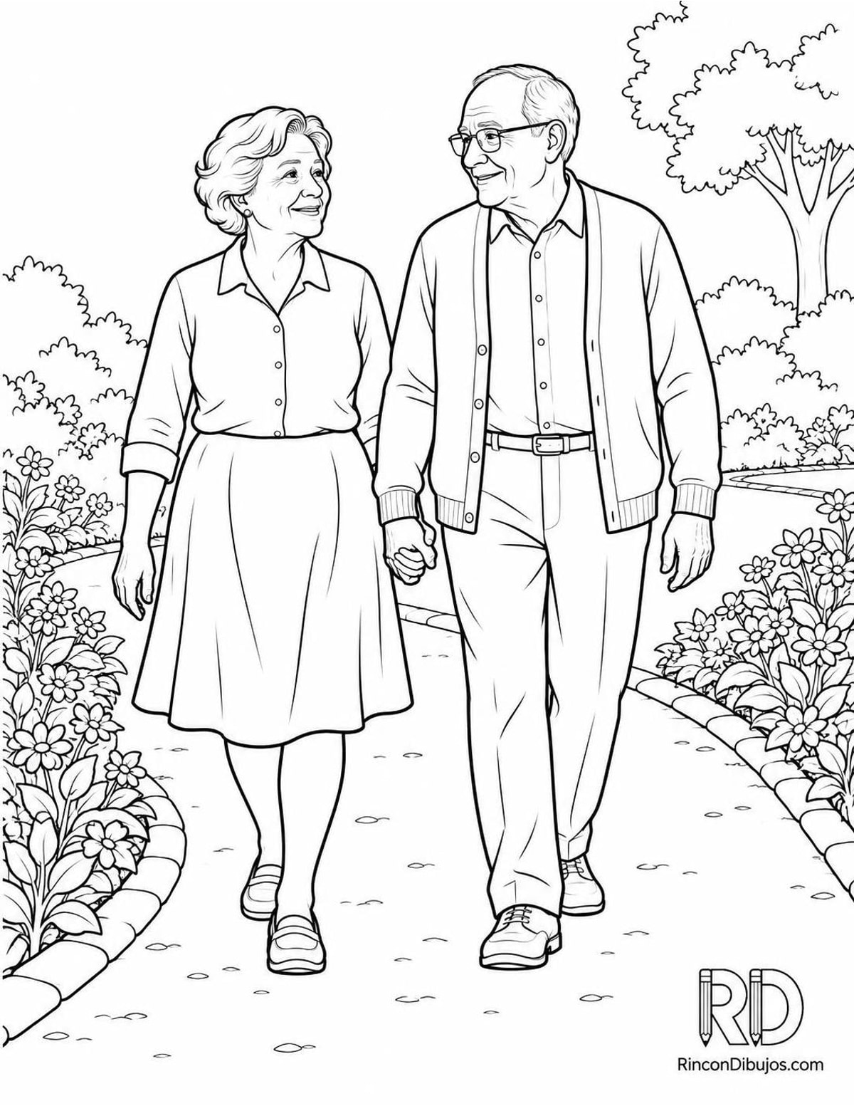 Dibujo de abuelos caminando para colorear
