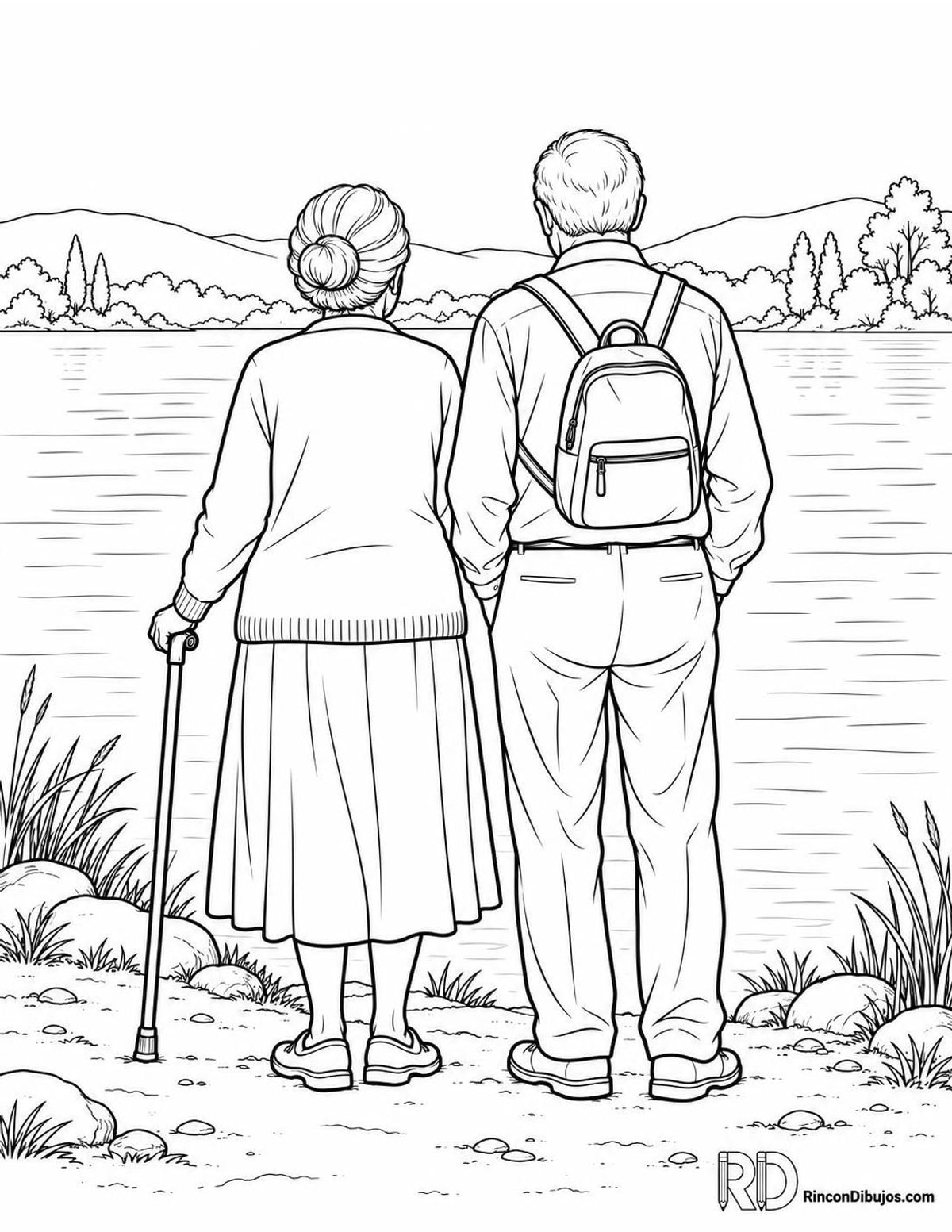 Dibujo de abuelos contemplando un lago para colorear