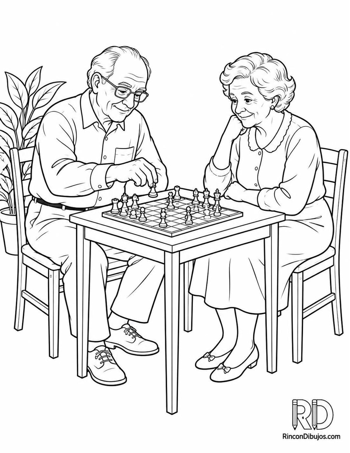 Dibujo de abuelos jugando ajedrez para colorear