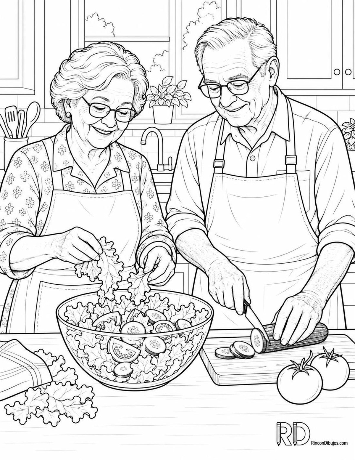 Dibujo de abuelos preparando ensalada para colorear