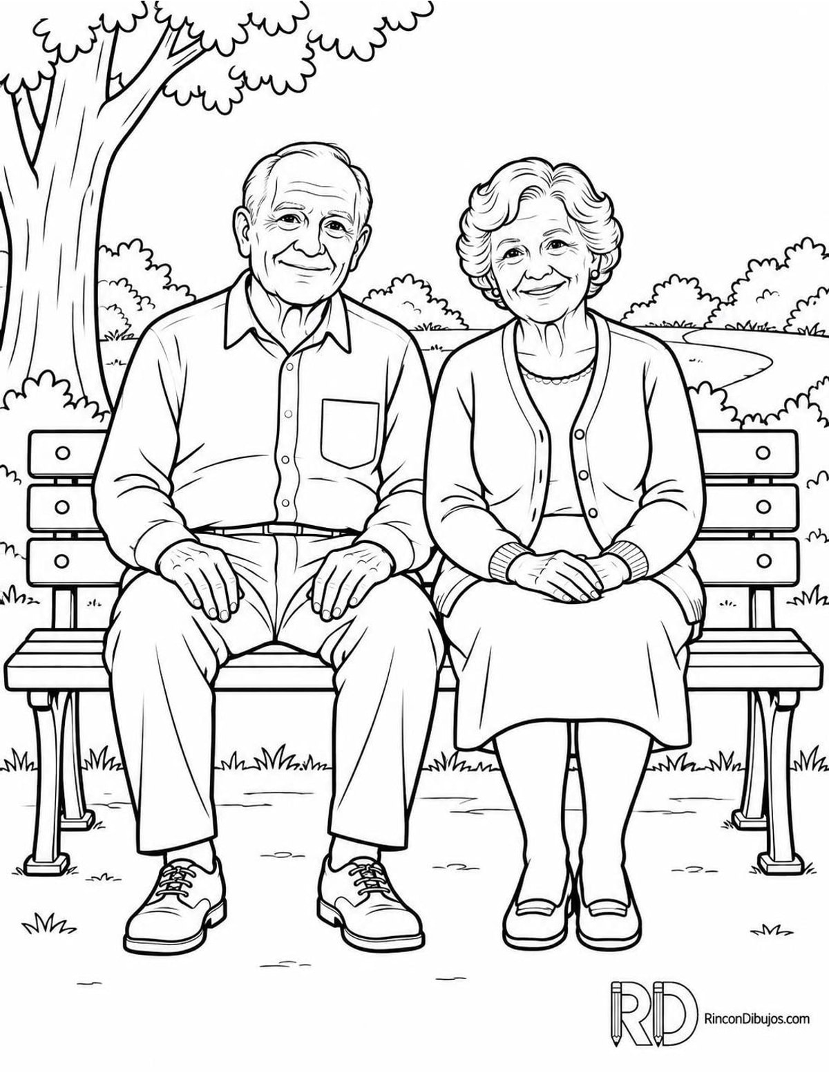 Dibujo de abuelos sentados para colorear