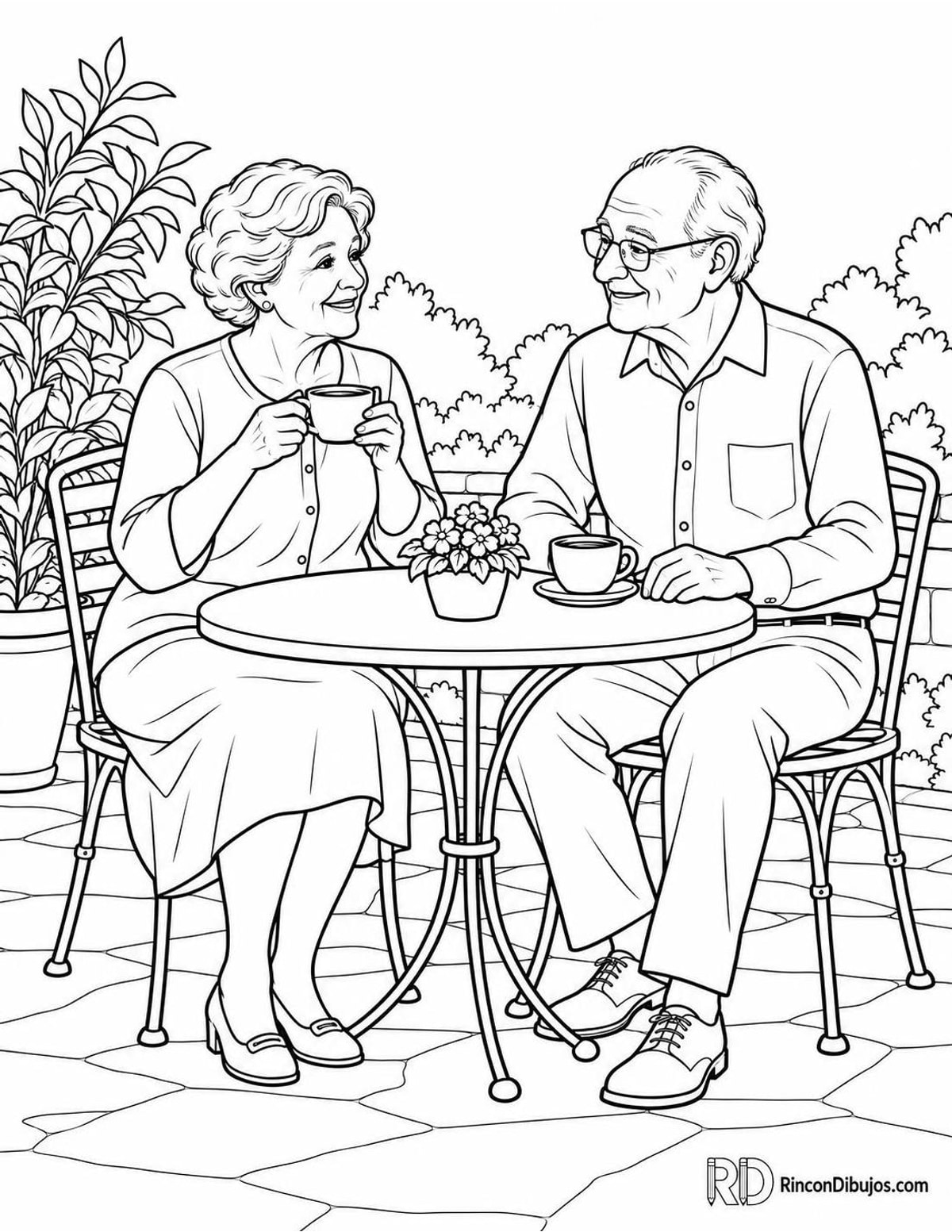 Dibujo de abuelos tomando café para colorear