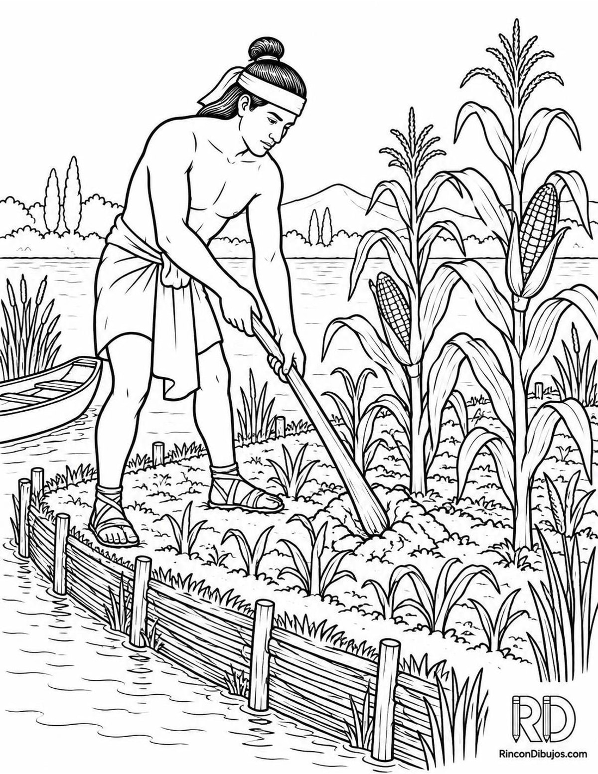 Dibujo de agricultor azteca en chinampa para colorear Dibujo de agricultor azteca en chinampa para colorear
