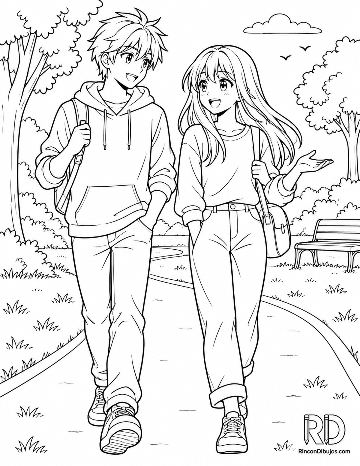 Dibujo de amigos anime caminando para colorear Dibujo de amigos anime caminando para colorear