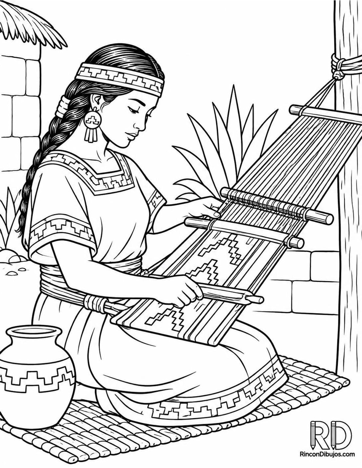 Dibujo de artesana azteca tejiendo para colorear Dibujo de artesana azteca tejiendo para colorear