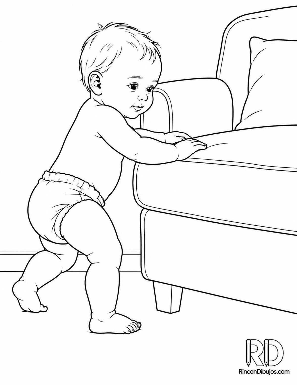 Dibujo de bebé apoyado en sofá para colorear Dibujo de bebé apoyado en sofá para colorear