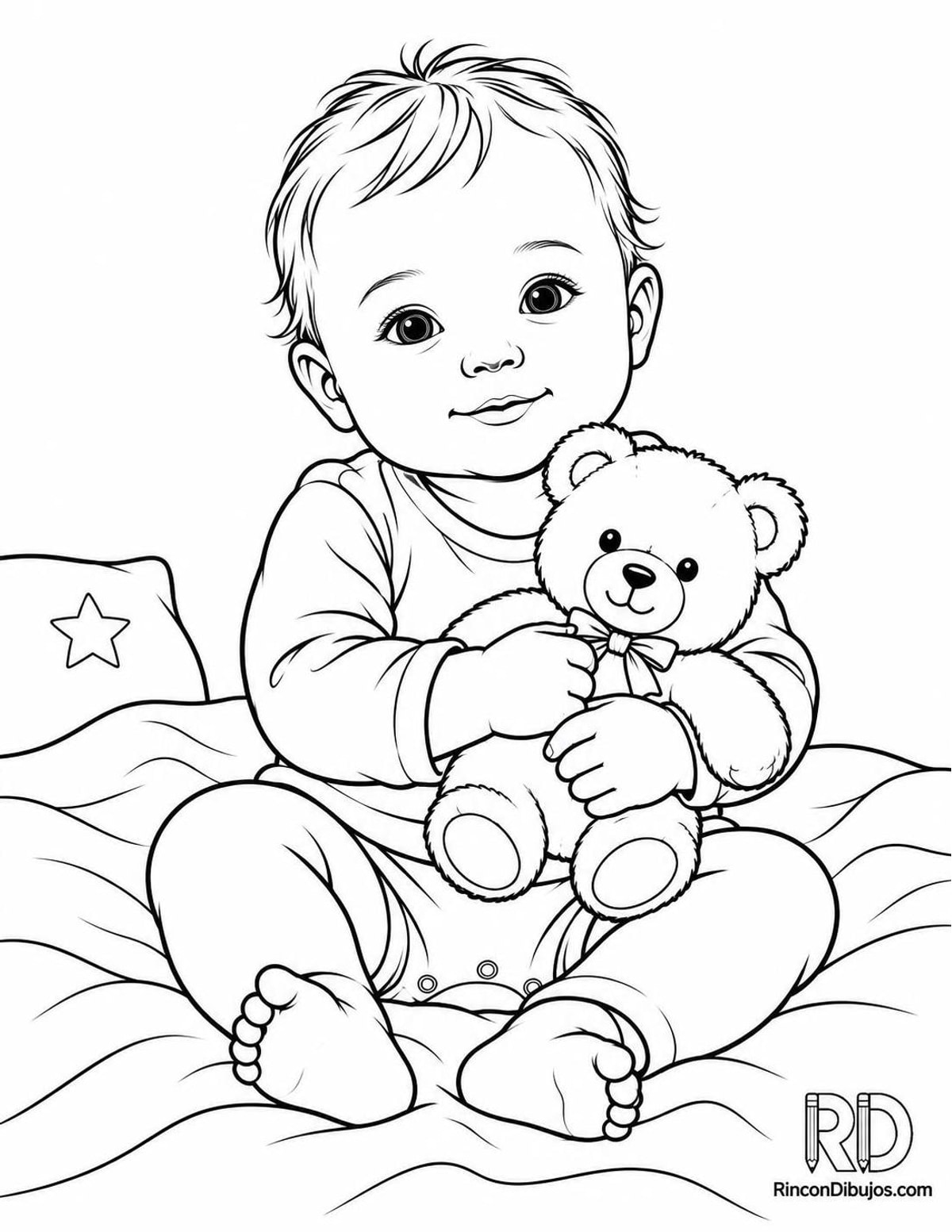Dibujo de bebé con peluche para colorear Dibujo de bebé con peluche para colorear