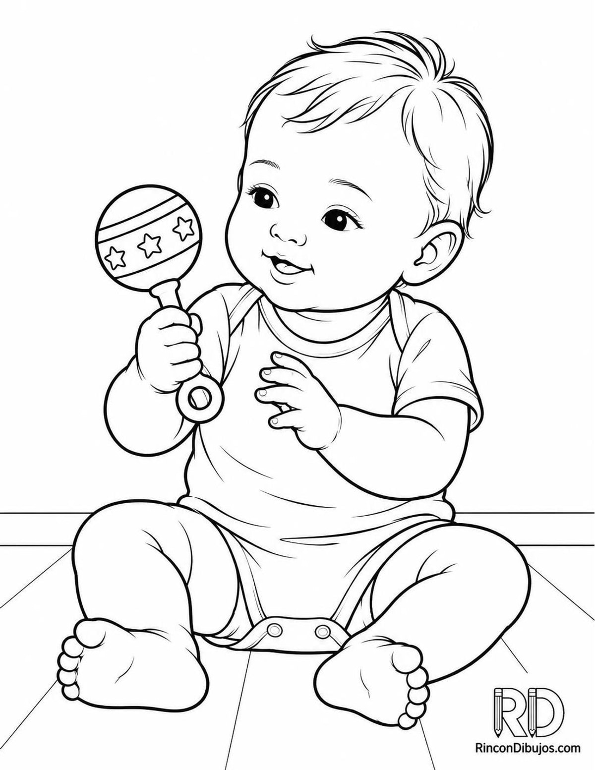 Dibujo de bebé con sonajero para colorear Dibujo de bebé con sonajero para colorear