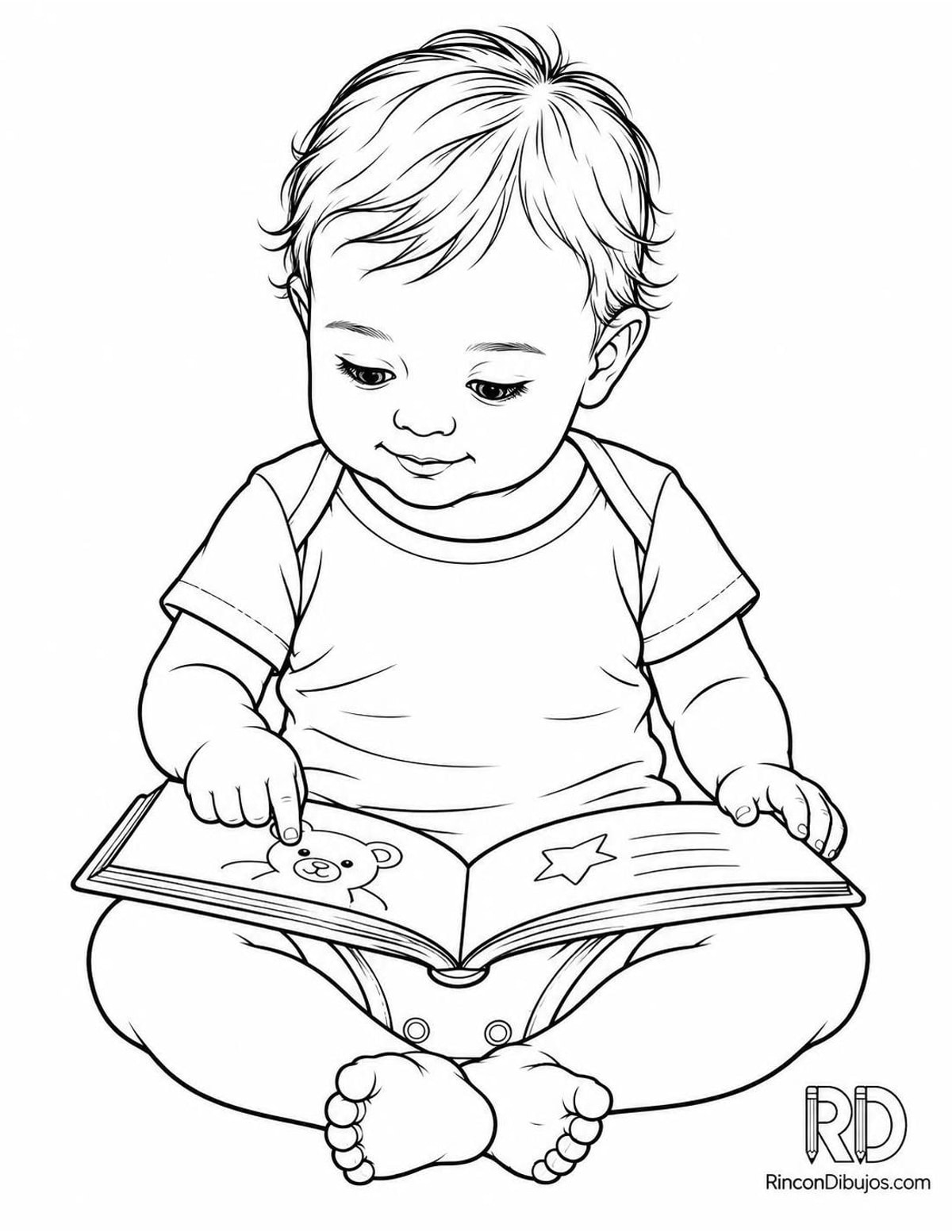 Dibujo de bebé leyendo libro para colorear Dibujo de bebé leyendo libro para colorear