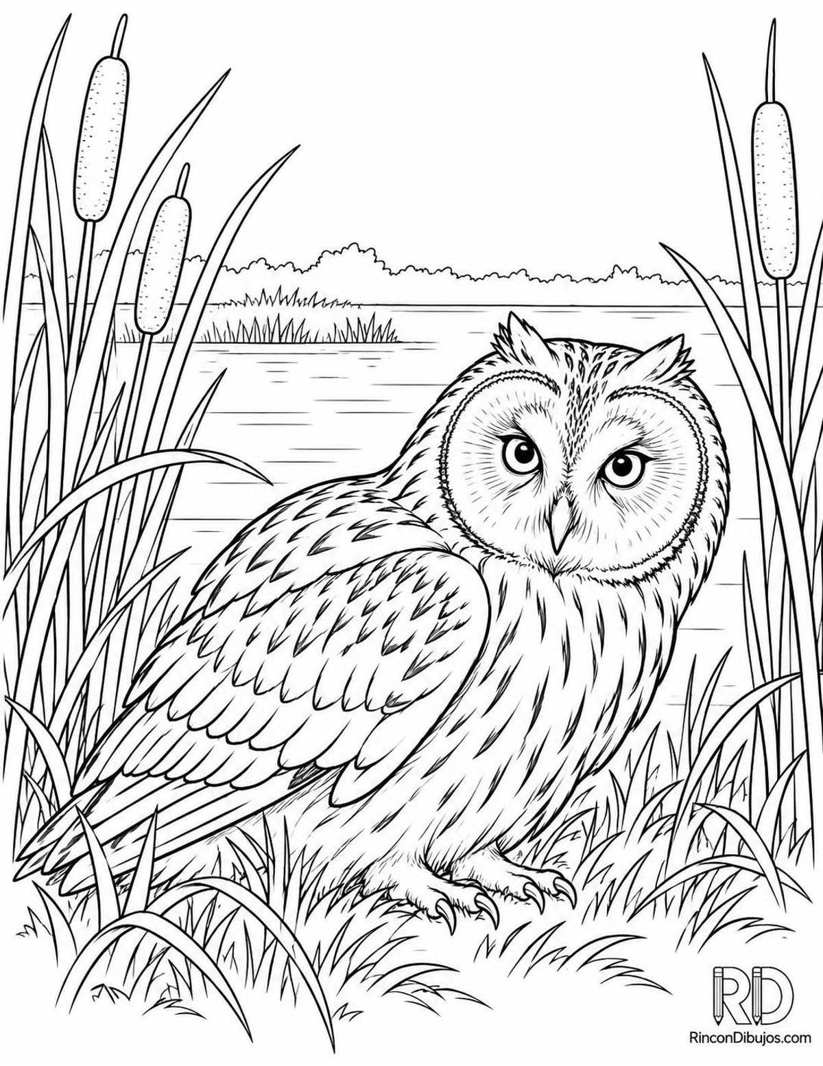 Dibujo de búho campestre entre juncos para colorear Dibujo de búho campestre entre juncos para colorear