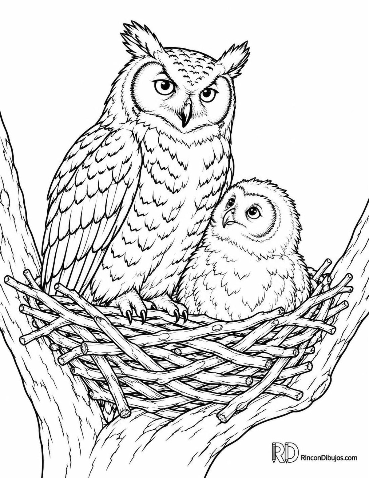 Dibujo de búho cornudo con polluelo para colorear Dibujo de búho cornudo con polluelo para colorear