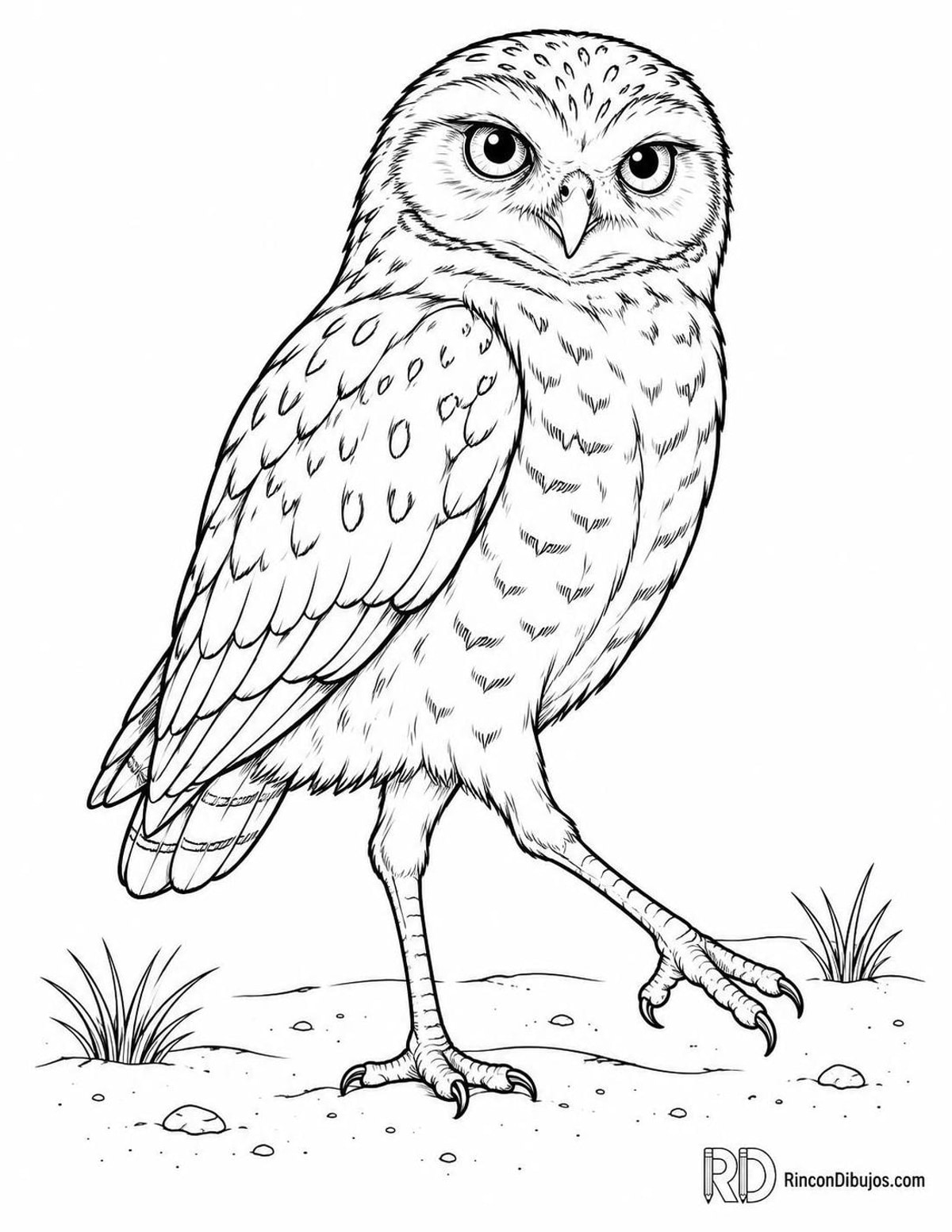 Dibujo de búho terrestre estirándose para colorear Dibujo de búho terrestre estirándose para colorear