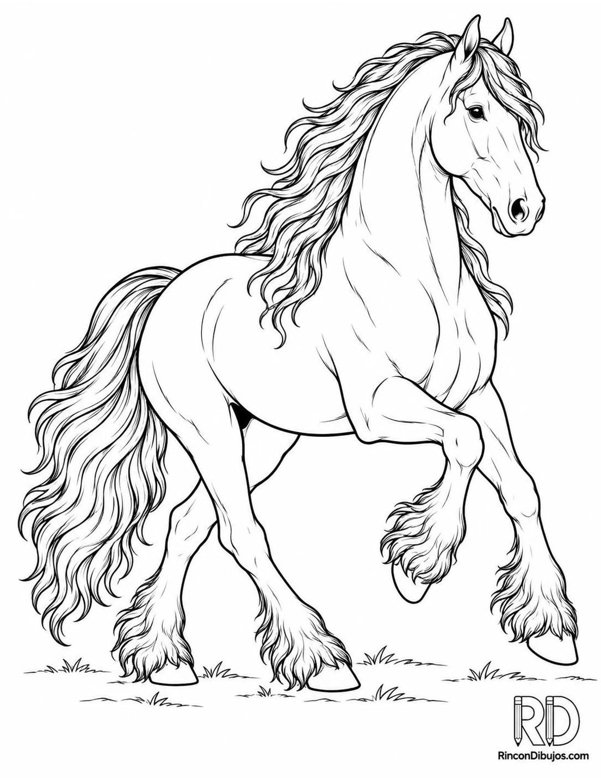 Dibujo de caballo frisón trotando para colorear Dibujo de caballo frisón trotando para colorear