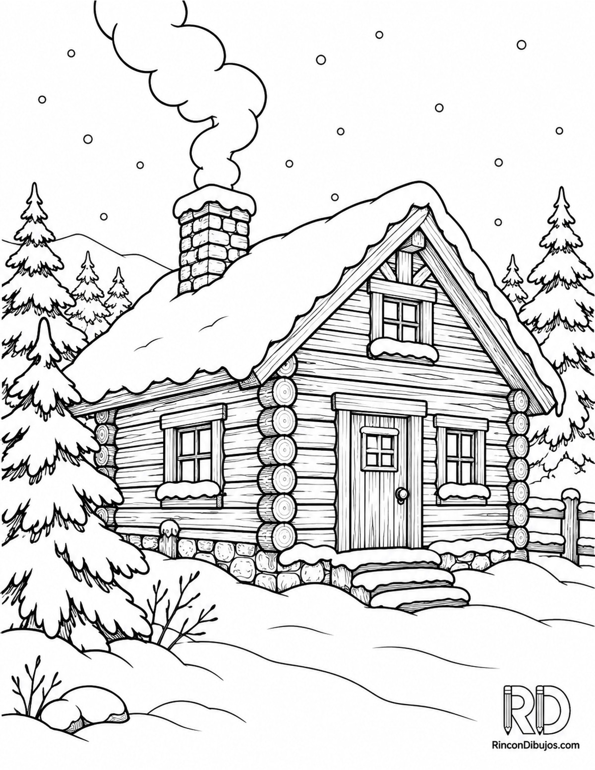 Dibujo de cabaña nevada para colorear Dibujo de cabaña nevada para colorear