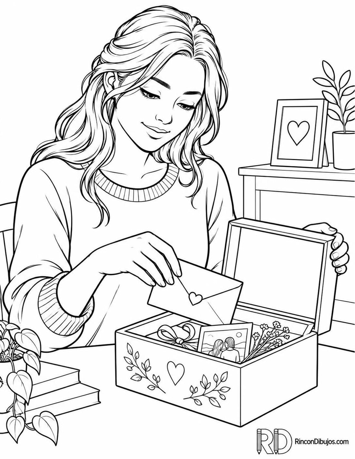 Dibujo de caja con carta de amor para colorear