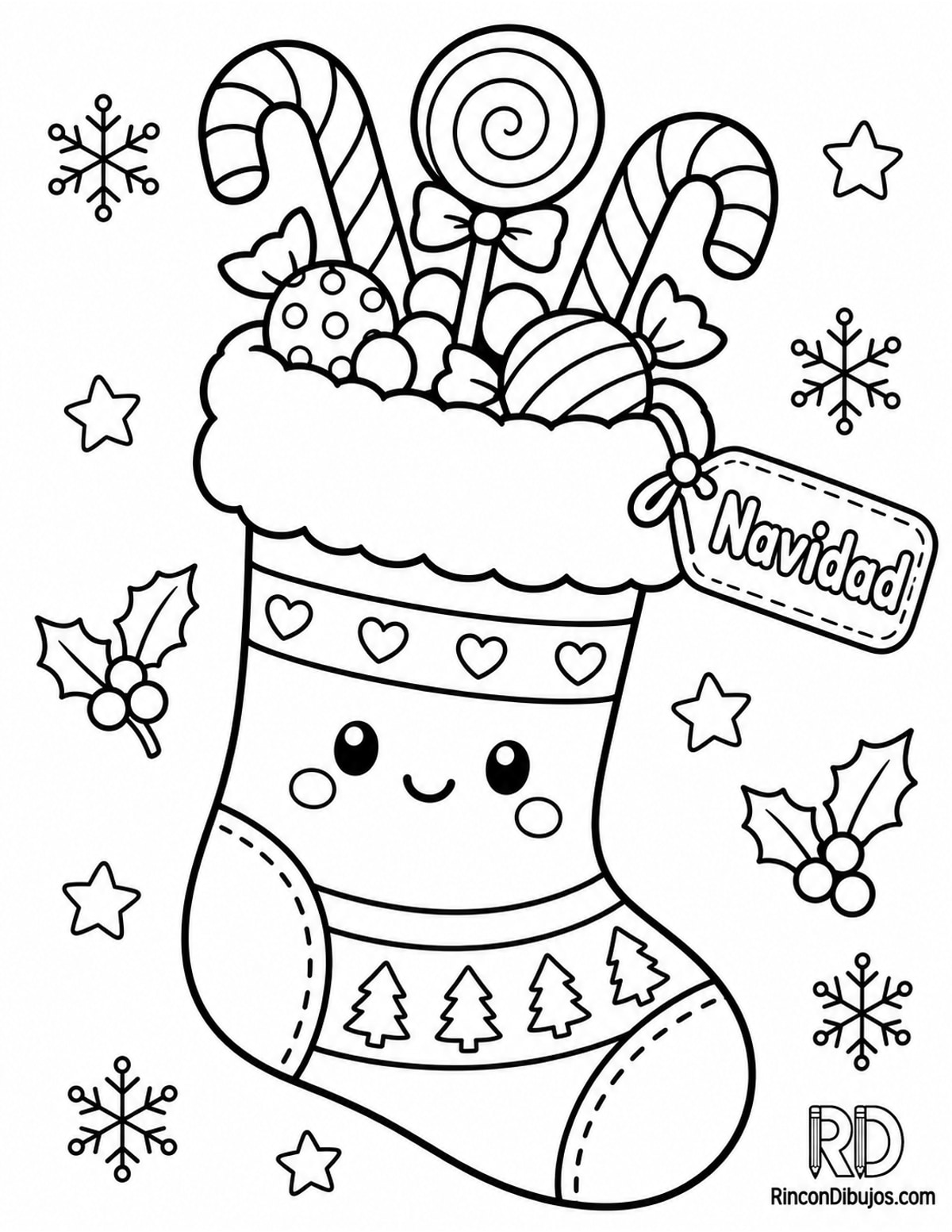 Dibujo de calcetín Navidad kawaii para colorear Dibujo de calcetín Navidad kawaii para colorear