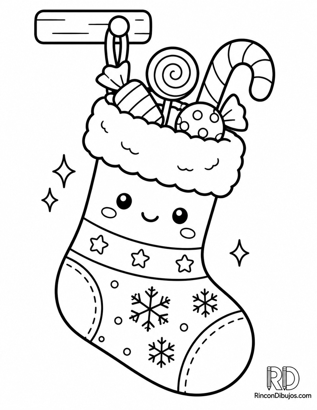 Dibujo de calcetín navideño kawaii para colorear Dibujo de calcetín navideño kawaii para colorear