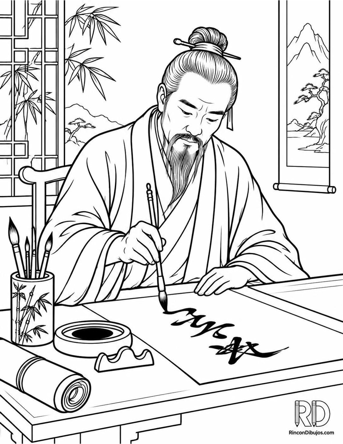 Dibujo de calígrafo chino para colorear Dibujo de calígrafo chino para colorear