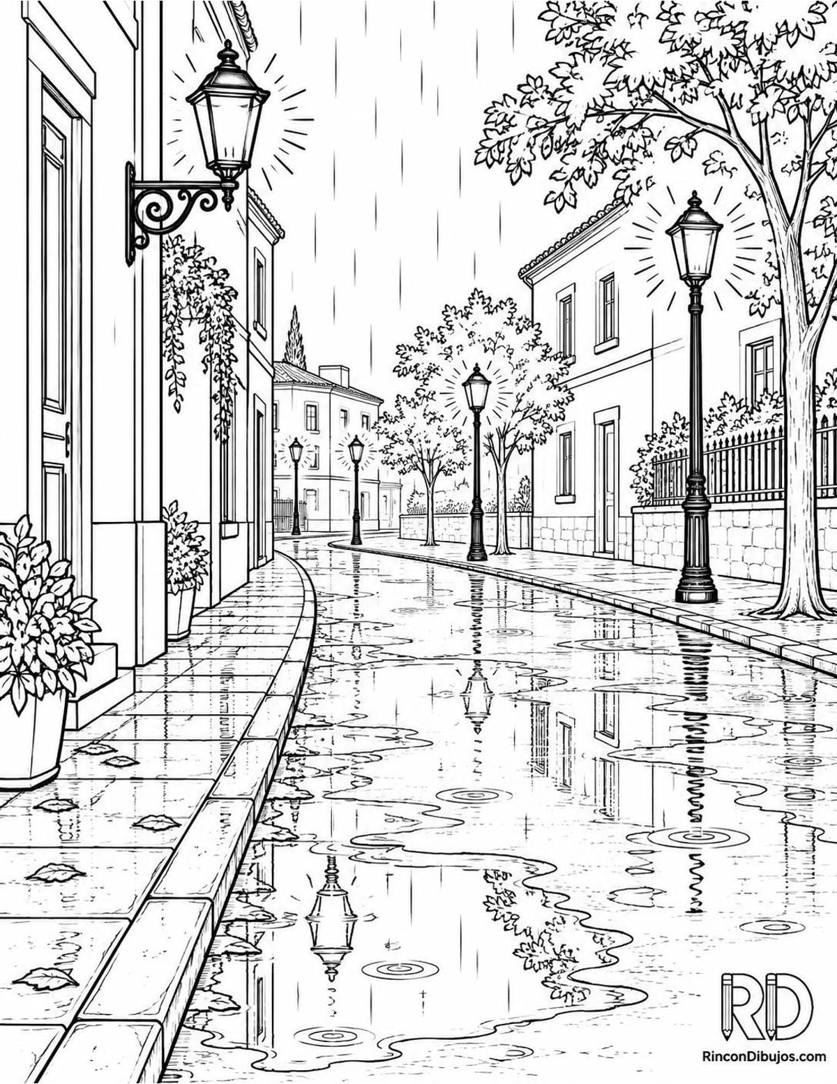 Dibujo de calle lluviosa para colorear Dibujo de calle lluviosa para colorear