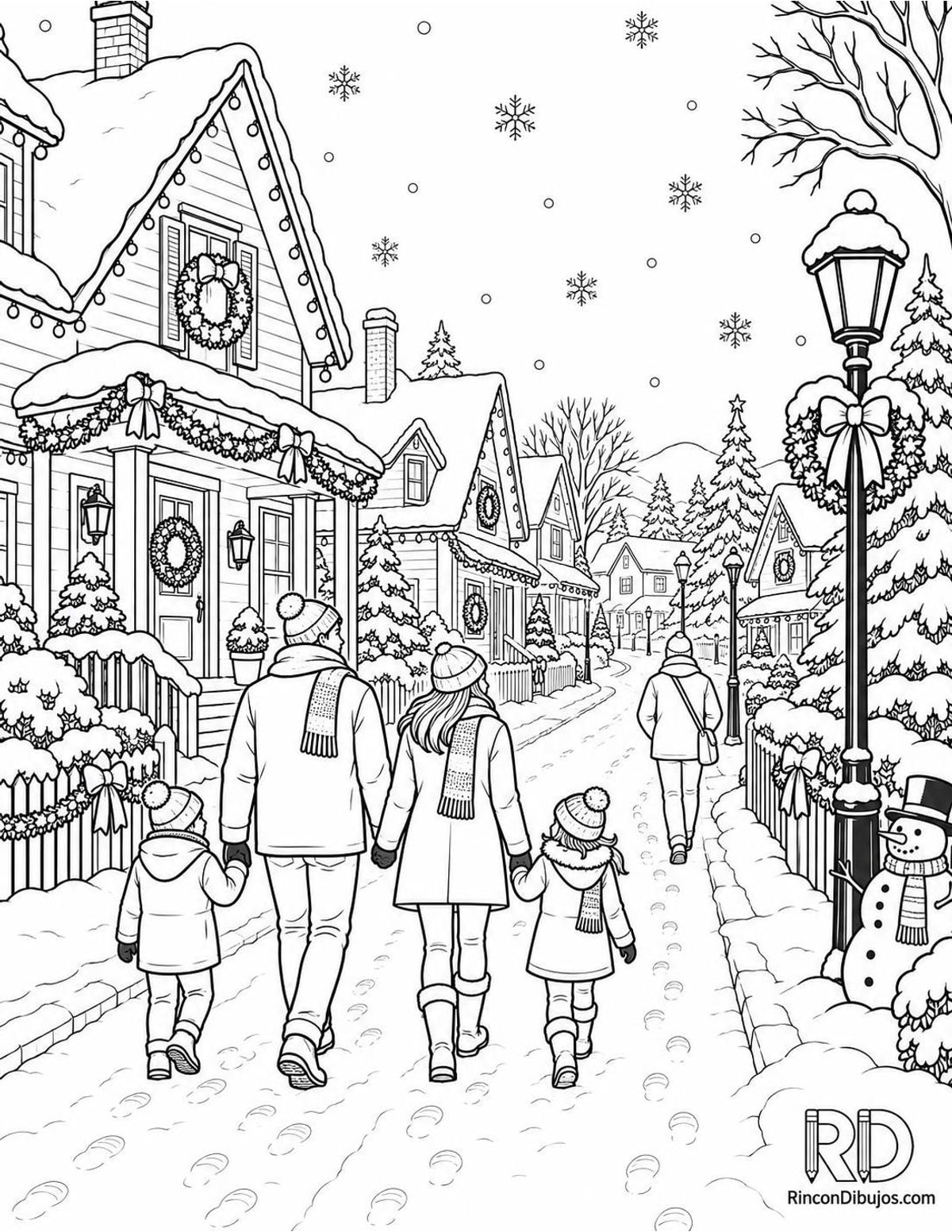 Dibujo de calle nevada navideña para colorear Dibujo de calle nevada navideña para colorear