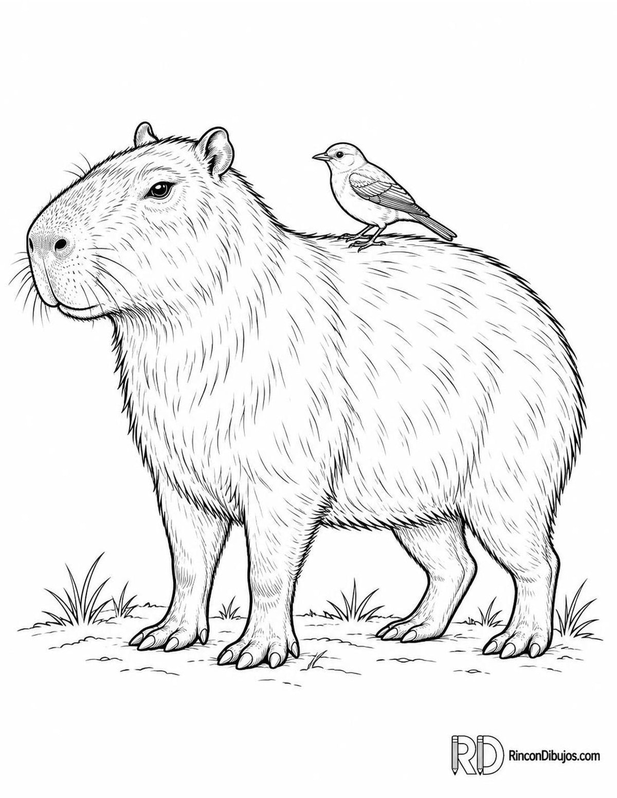 Dibujo de capibara con ave para colorear Dibujo de capibara con ave para colorear