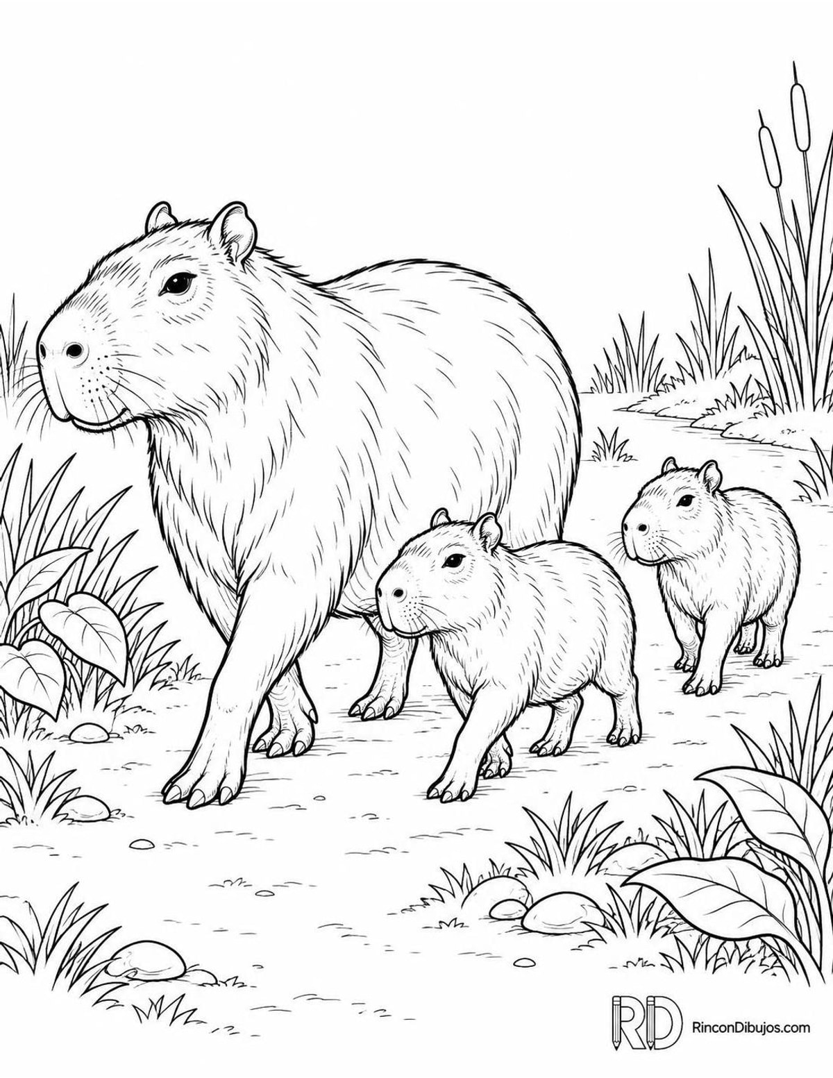 Dibujo de capibara con crías para colorear Dibujo de capibara con crías para colorear