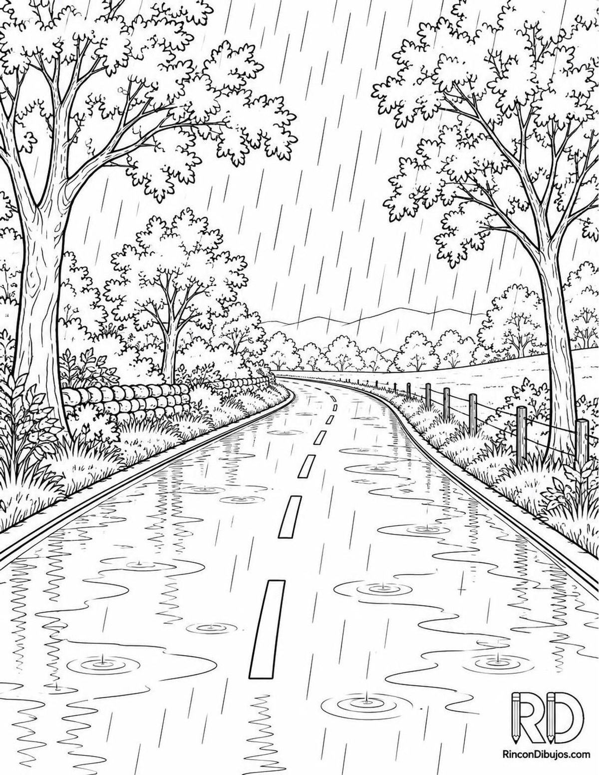 Dibujo de carretera rural lluviosa para colorear Dibujo de carretera rural lluviosa para colorear