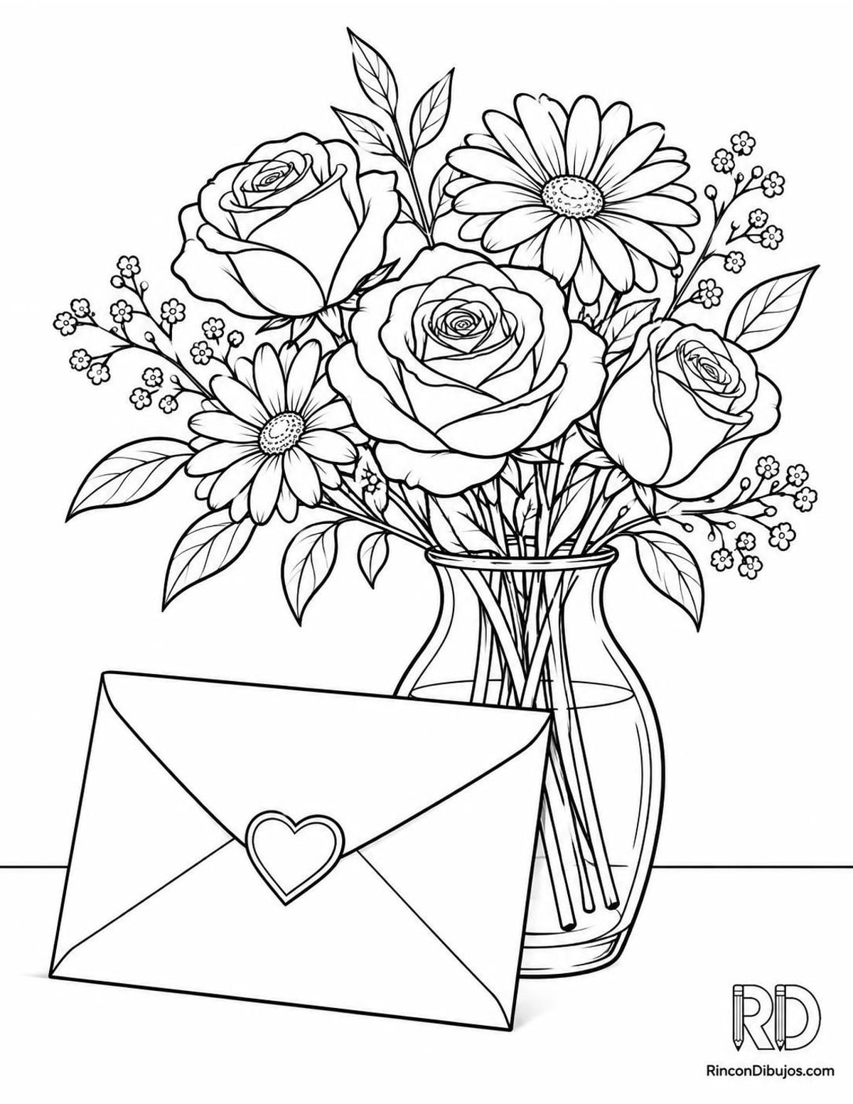 Dibujo de carta de amor con flores para colorear