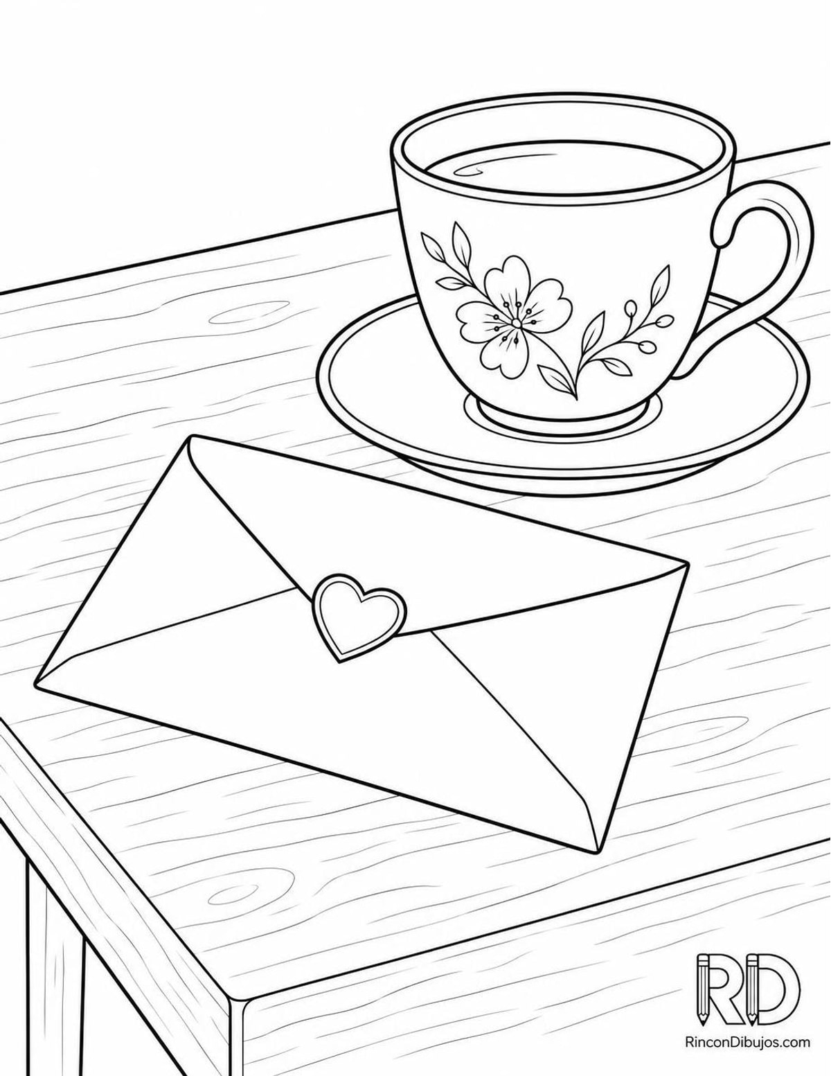 Dibujo de carta de amor con té para colorear