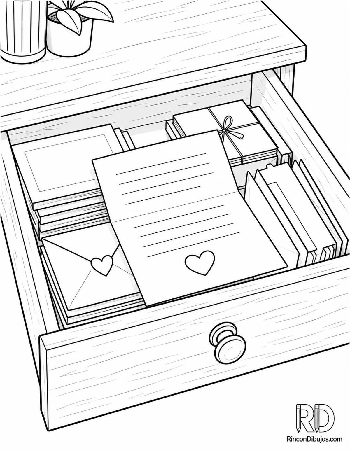 Dibujo de carta de amor en cajón para colorear