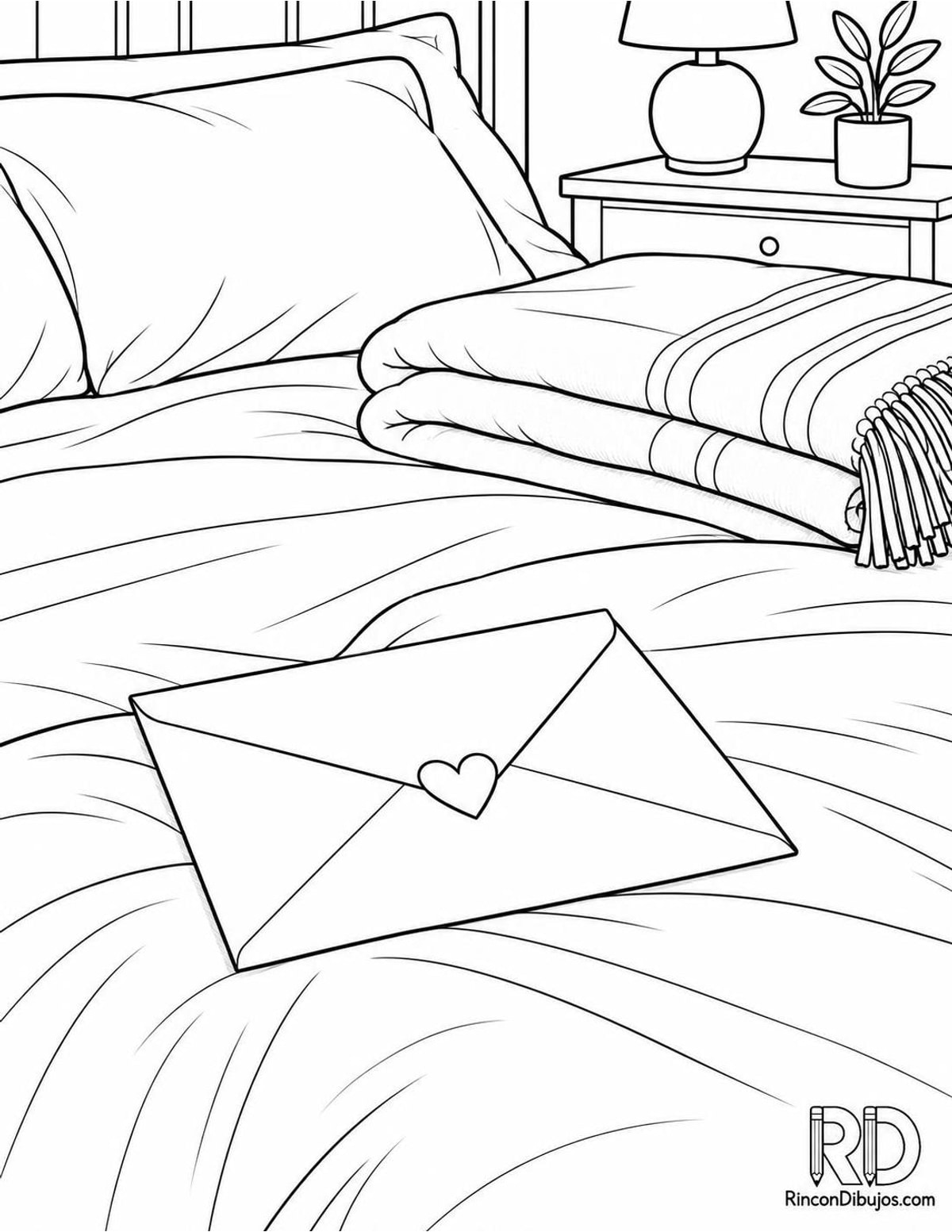 Dibujo de carta de amor en cama para colorear