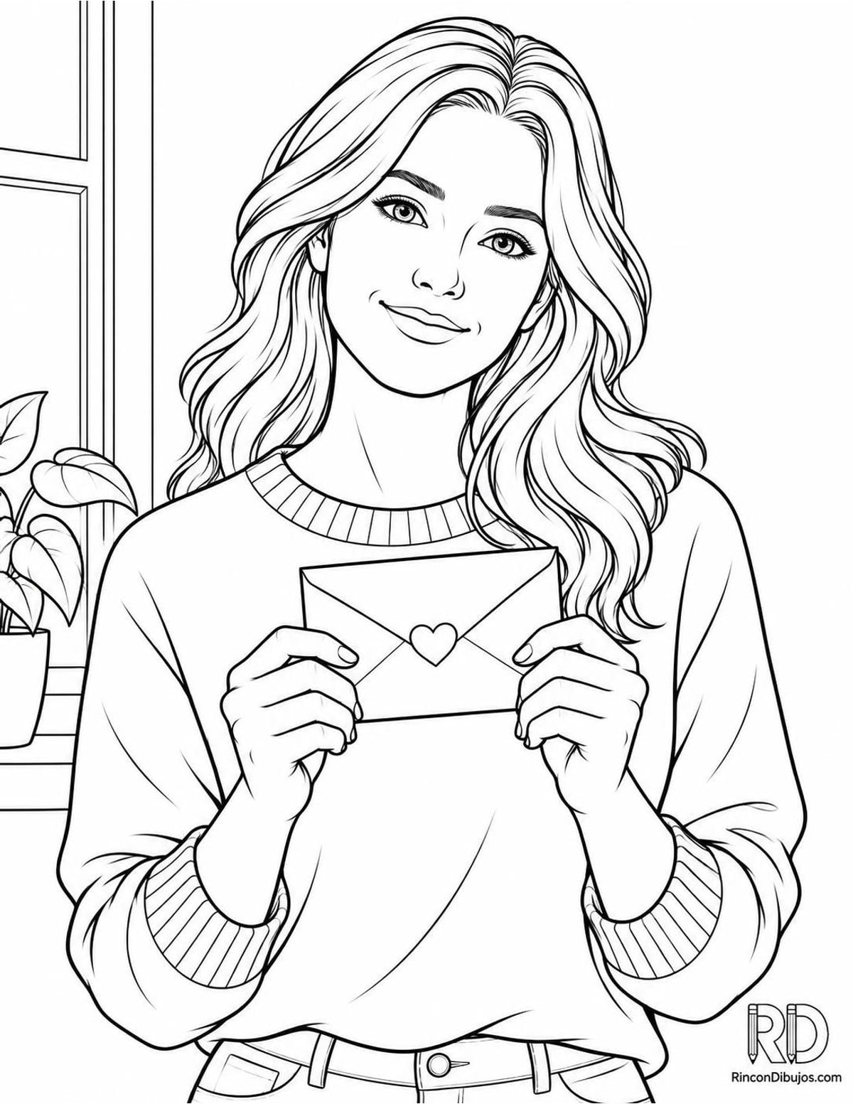 Dibujo de carta de amor en manos para colorear
