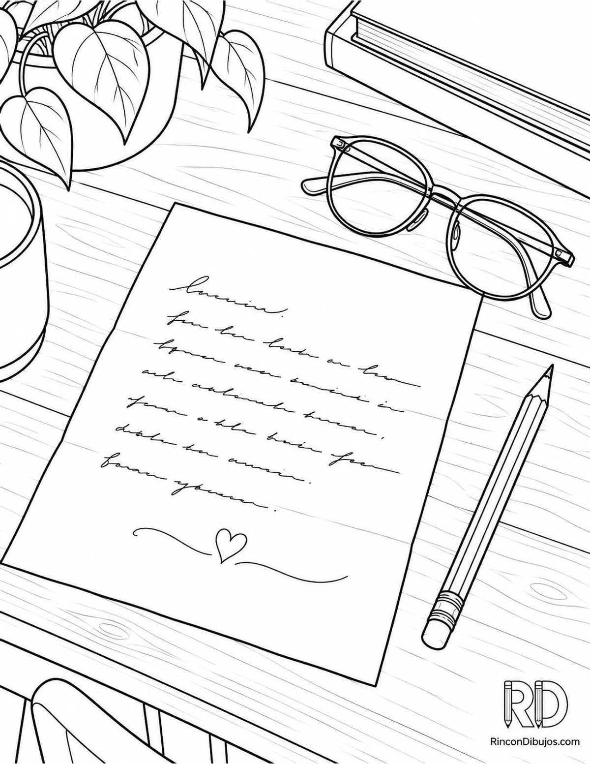Dibujo de carta de amor manuscrita para colorear
