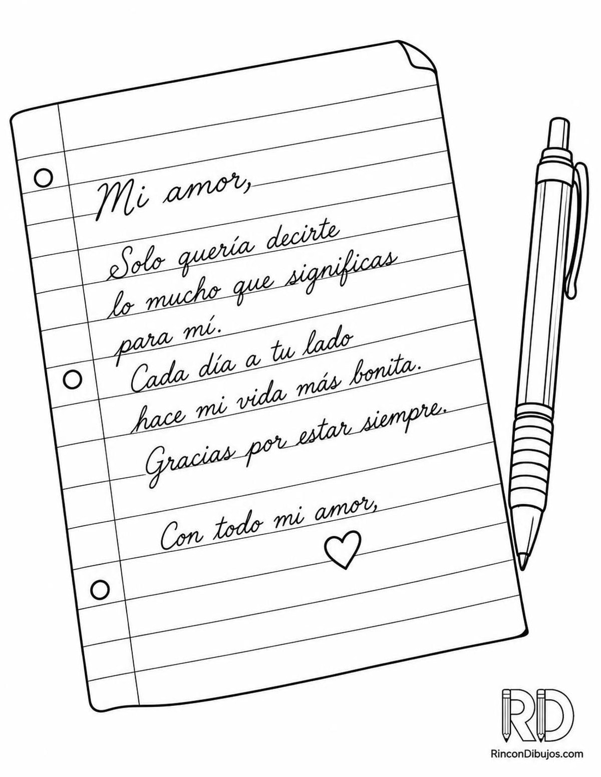 Dibujo de carta de amor rayada para colorear