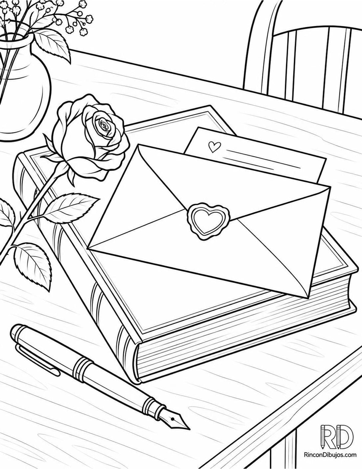 Dibujo de carta de amor sobre libro para colorear