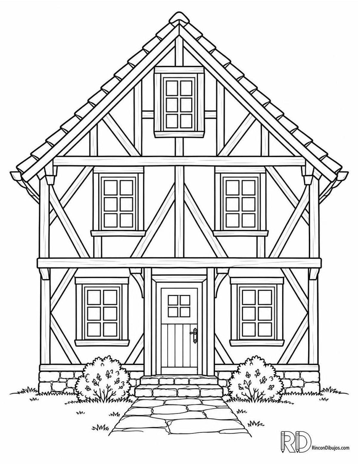 Dibujo de casa con entramado para colorear