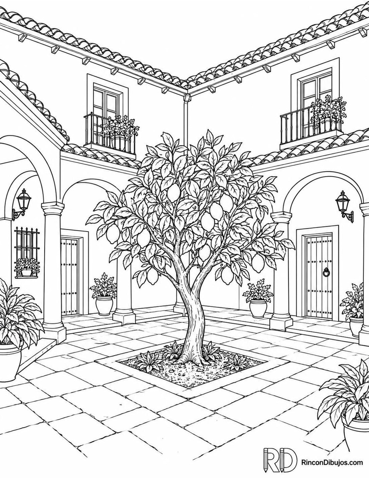 Dibujo de casa con patio para colorear