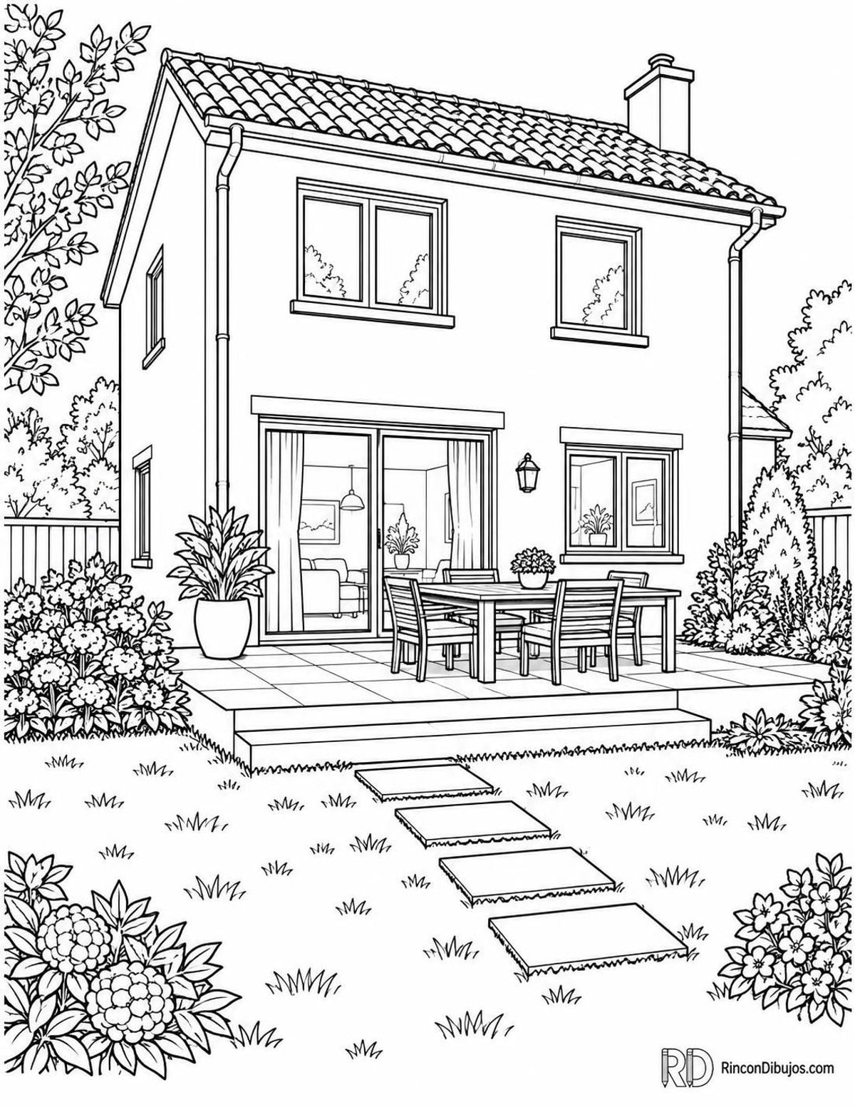 Dibujo de casa con terraza para colorear