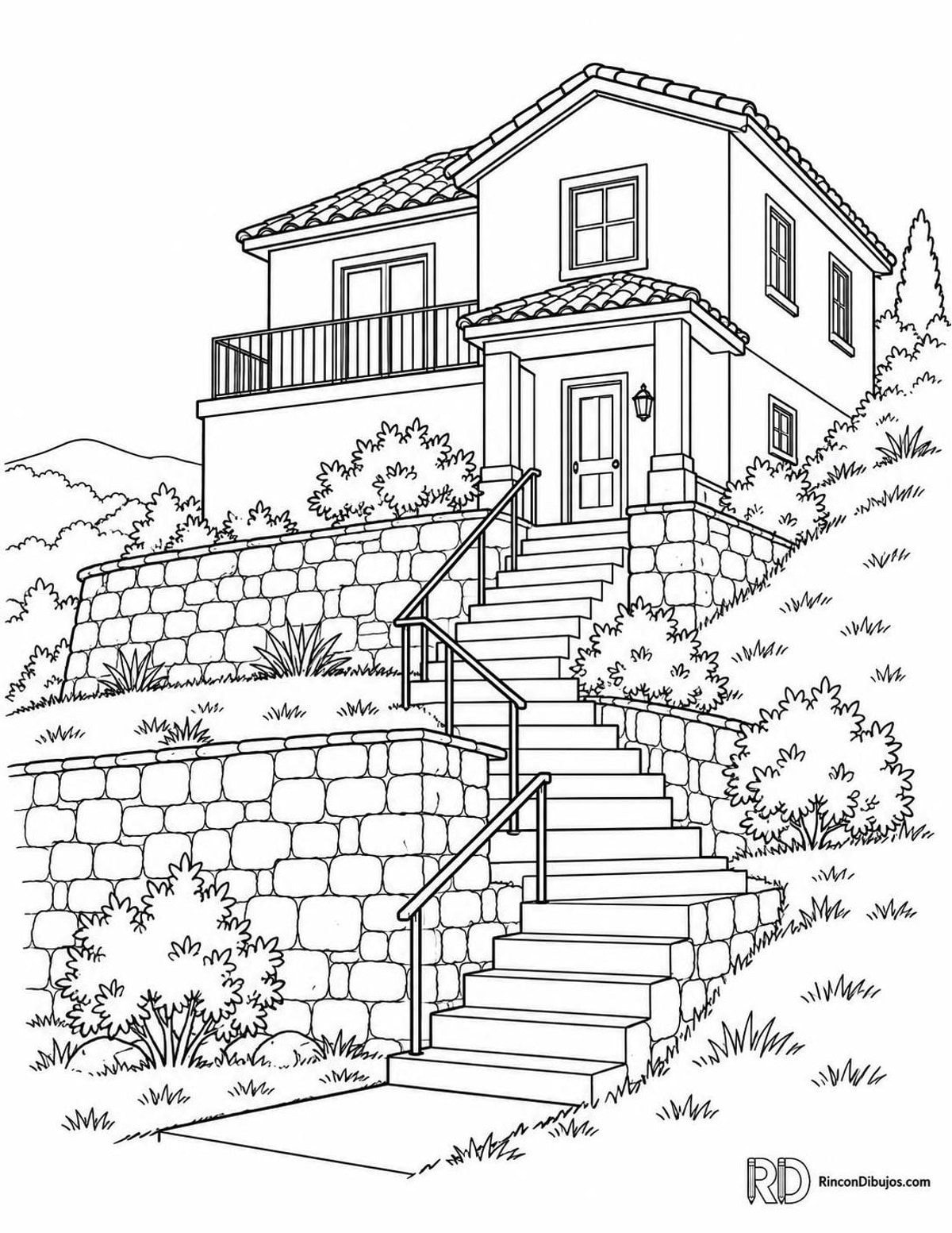 Dibujo de casa en ladera para colorear