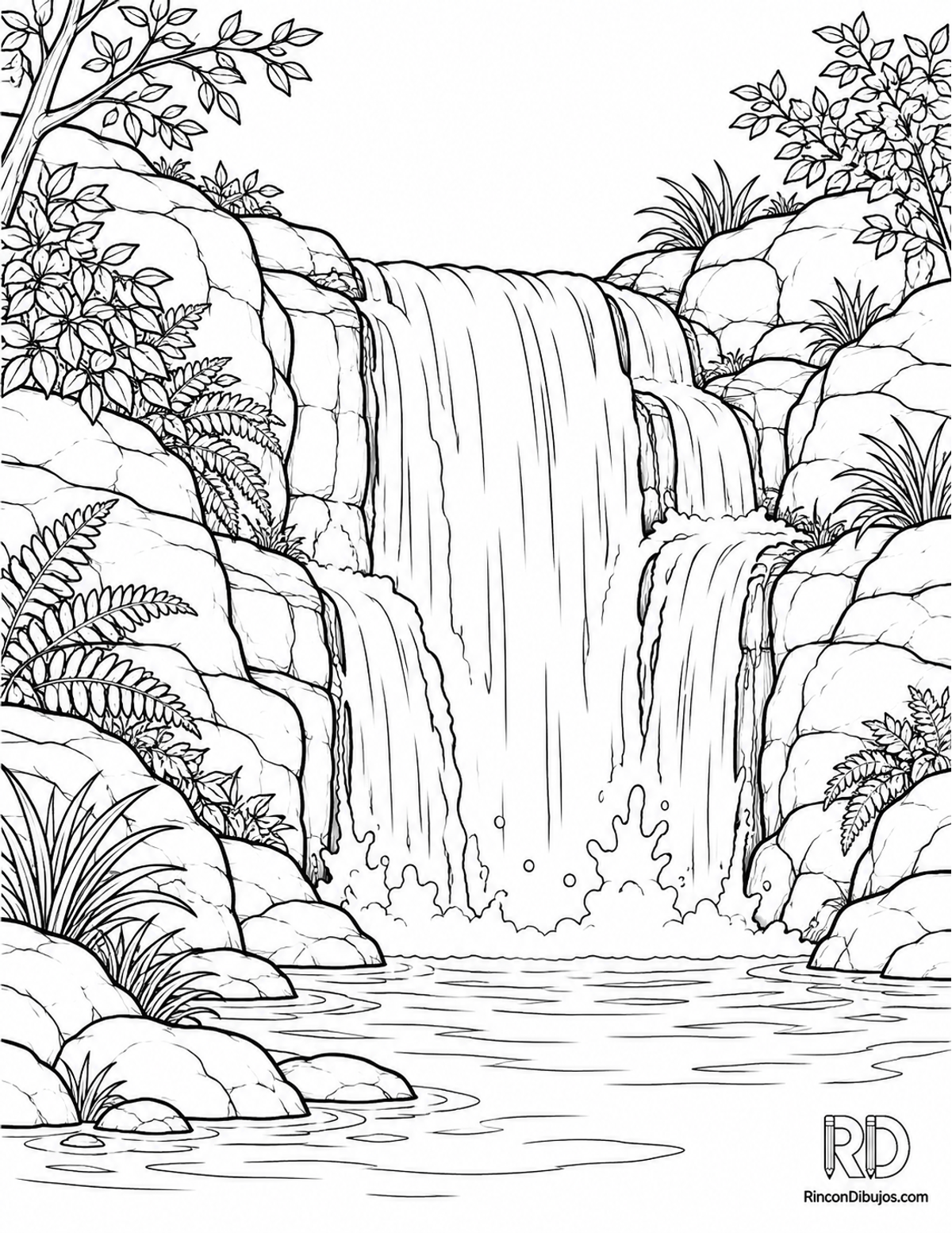 Dibujo de cascada natural para colorear Dibujo de cascada natural para colorear