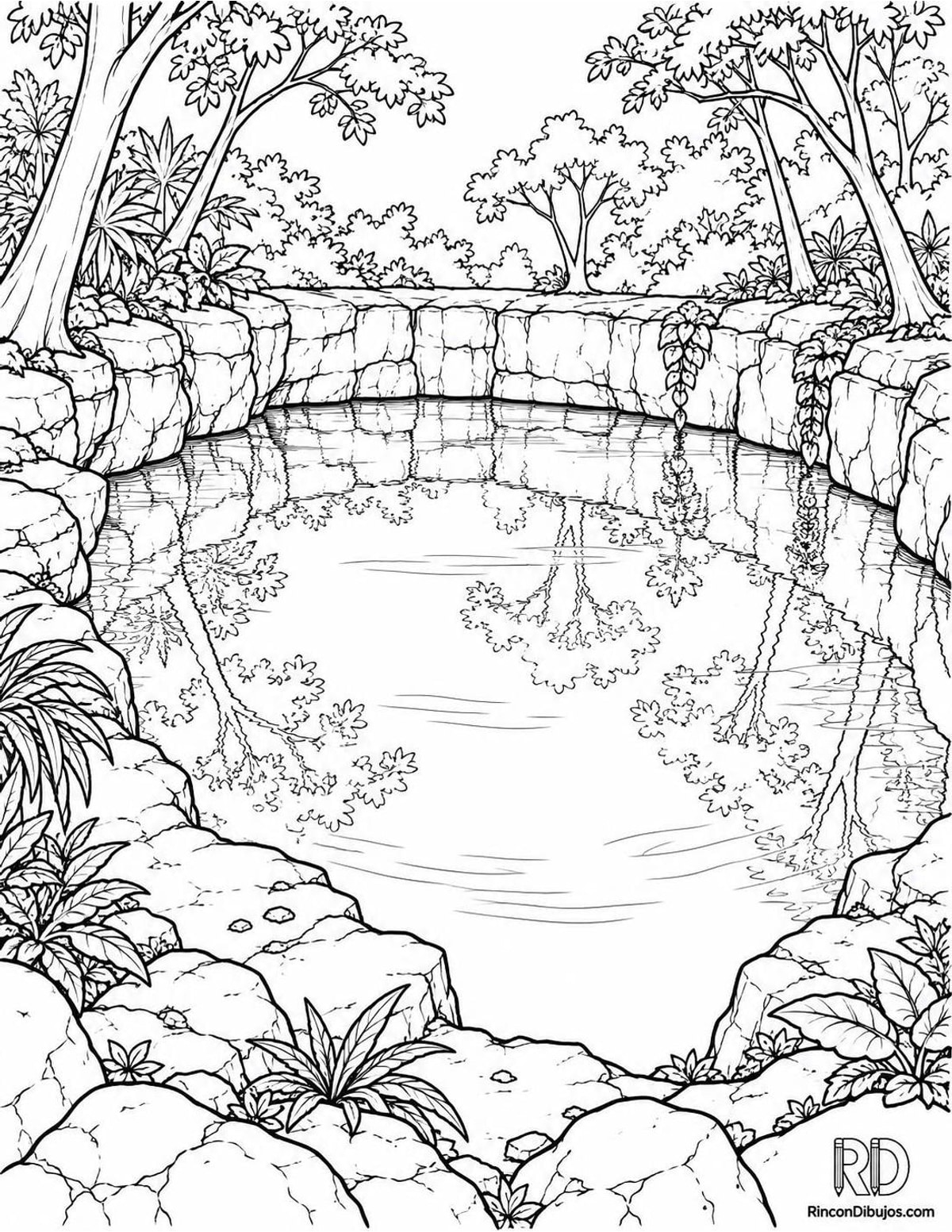 Dibujo de cenote con árboles para colorear
